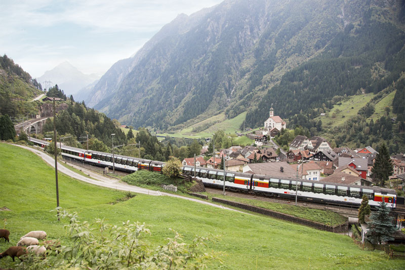 View of Wassen Church from the Gotthard Panorama Express